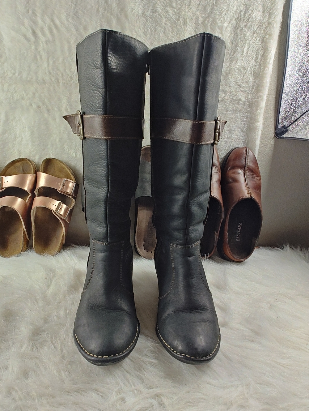 LOBO SOLO Black/Brown Leather Heeled Side Zipper & Buckle Boots Women’s Sz 8.5W